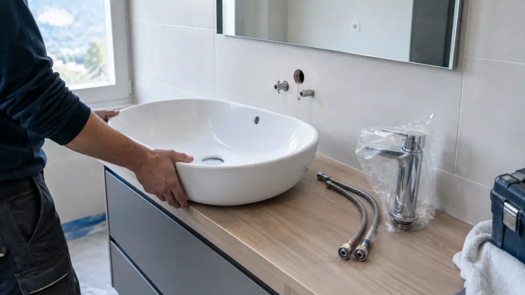 Pose d’un lavabo lors d’un remplacement d’équipements sanitaires à Albertville