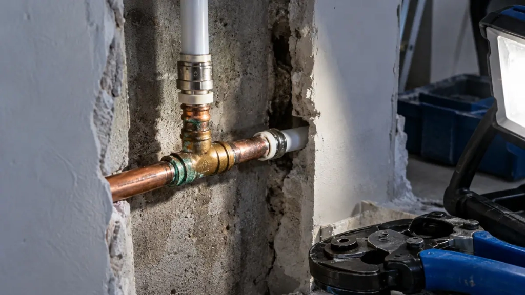 Raccord de canalisation encastré inspecté lors d’une recherche de fuite en Savoie