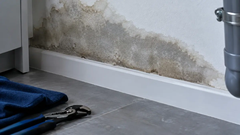 Auréole d’humidité au pied d’un mur révélant une fuite d’eau cachée en Savoie