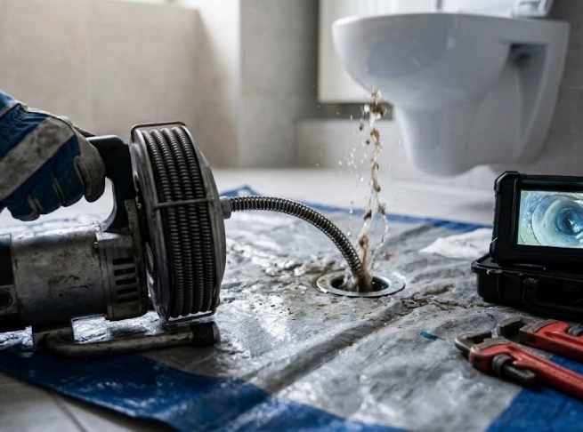 Furet électrique engagé dans une évacuation lors d'un débouchage de WC